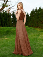 One Shoulder Sleeveless Lace Dress With Sash Terracotta
