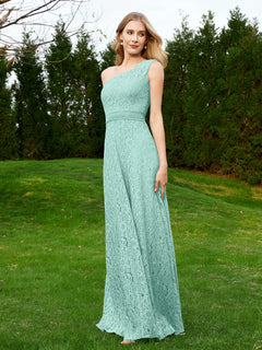 One Shoulder Sleeveless Lace Dress With Sash Turquoise