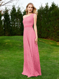 One Shoulder Sleeveless Lace Dress With Sash Watermelon
