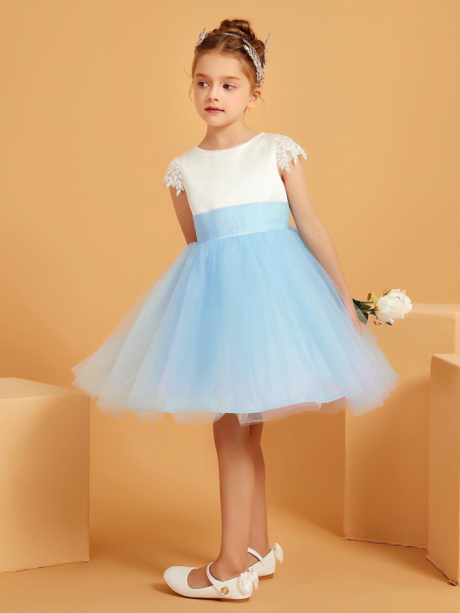 Scoop Neckline Knee-Length Satin/Tulle Flower Girl Dress Sky Scoop Neckline Knee-Length Satin/Tulle Flower Girl Dress Sky