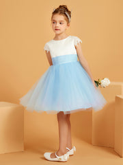 Scoop Neckline Knee-Length Satin/Tulle Flower Girl Dress Sky Blue