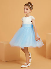 Scoop Neckline Knee-Length Satin/Tulle Flower Girl Dress Sky Blue
