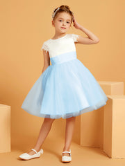 Scoop Neckline Knee-Length Satin/Tulle Flower Girl Dress Sky Blue
