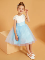 Scoop Neckline Knee-Length Satin/Tulle Flower Girl Dress Sky Blue