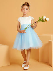 Scoop Neckline Knee-Length Satin/Tulle Flower Girl Dress Sky Blue