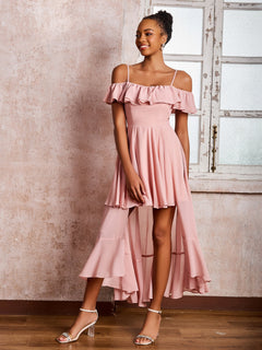 Off-The-Shoulder Flutter Sleeves Pleated Tea-Length Dresses Dusty Rose