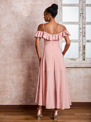 Off-The-Shoulder Flutter Sleeves Pleated Tea-Length Dresses Dusty Rose