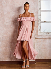 Off-The-Shoulder Flutter Sleeves Pleated Tea-Length Dresses Dusty Rose