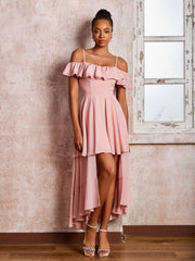 Off-The-Shoulder Flutter Sleeves Pleated Tea-Length Dresses Dusty Rose
