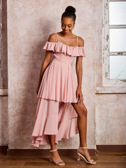 Off-The-Shoulder Flutter Sleeves Pleated Tea-Length Dresses Dusty Rose