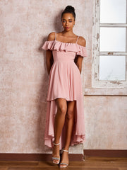 Off-The-Shoulder Flutter Sleeves Pleated Tea-Length Dresses Dusty Rose