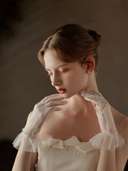 Short Lace Gloves with Sheer Fabric and Pearl Accents