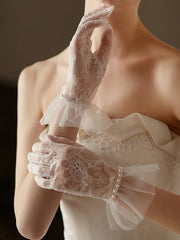 Short Lace Gloves with Sheer Fabric and Pearl Accents