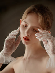 Short Lace Gloves with Sheer Fabric and Pearl Accents