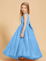 Tulle Junior Bridesmaid Dresses Satin Top Blue