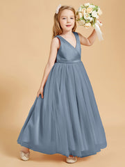 Tulle Junior Bridesmaid Dresses Satin Top Dusty Blue