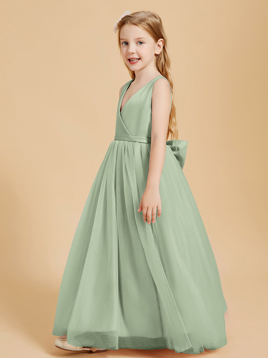 BABARONI Tulle Dusty Sage Junior Bridesmaid Dresses A-line V-neck Floor-length Sleeveless BABARONI UK BABARONI Tulle Dusty Sage Junior Bridesmaid Dresses A-line V-neck Floor-length Sleeveless BABARONI UK