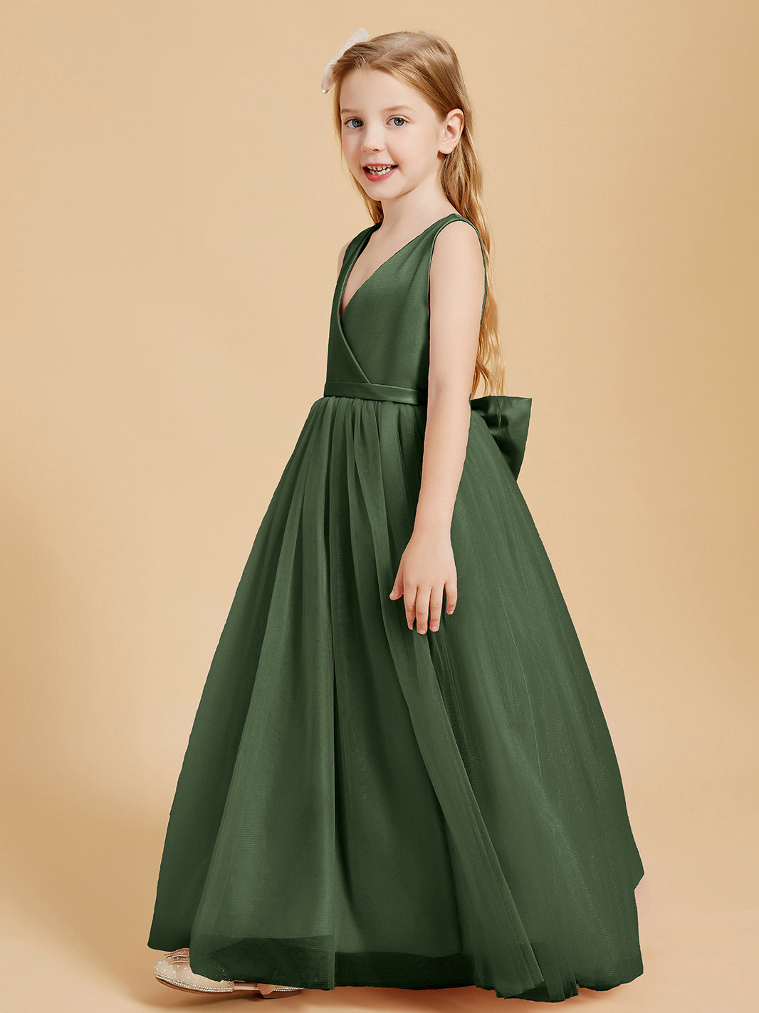 BABARONI Tulle Olive Green Junior Bridesmaid Dresses A-line V-neck  Floor-length Sleeveless  BABARONI UK