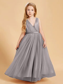 Tulle Junior Bridesmaid Dresses Satin Top Silver