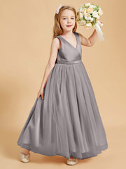 Tulle Junior Bridesmaid Dresses Satin Top Silver