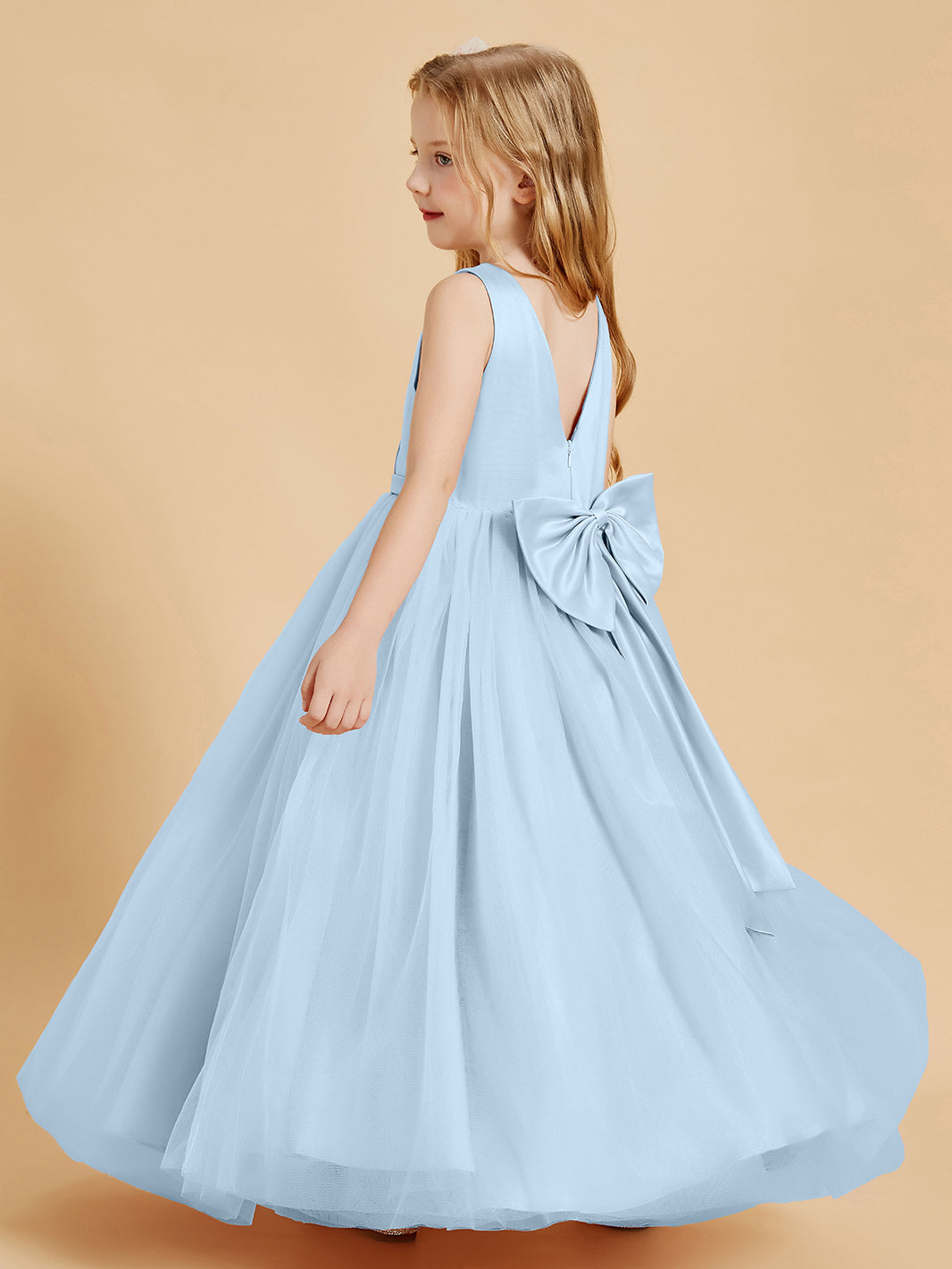 BABARONI Tulle Sky Blue Junior Bridesmaid Dresses A-line V-neck Floor-length Sleeveless BABARONI UK BABARONI Tulle Sky Blue Junior Bridesmaid Dresses A-line V-neck Floor-length Sleeveless BABARONI UK