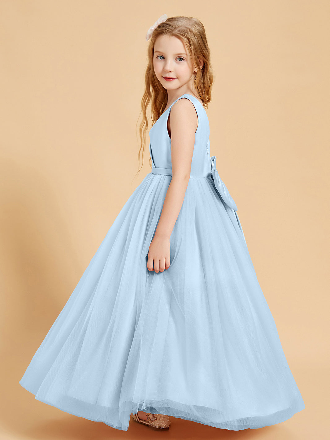 BABARONI Tulle Sky Blue Junior Bridesmaid Dresses A-line V-neck  Floor-length Sleeveless – BABARONI UK