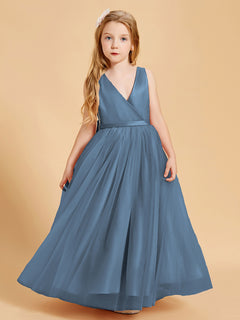 Tulle Junior Bridesmaid Dresses Satin Top Slate Blue