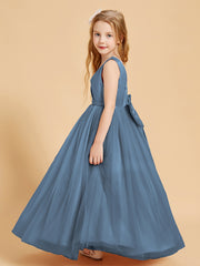 Tulle Junior Bridesmaid Dresses Satin Top Slate Blue