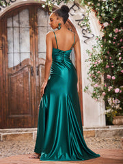 Sheath V-neck Beaded High Slit Stretch Satin Long Gowns Dark Green