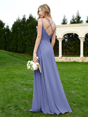 Spaghetti Straps V-neck Ruched Chiffon Dress Periwinkle