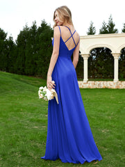 Spaghetti Straps V-neck Ruched Chiffon Dress Royal Blue
