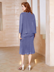 Sheath Scoop Neckline Tea-Length Chiffon DressPeriwinkle