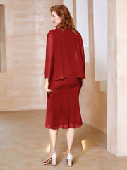 Sheath Scoop Neckline Tea-Length Chiffon Dress Red