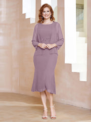 Sheath Scoop Neckline Tea-Length Chiffon Dress Vintage Mauve Plus Size