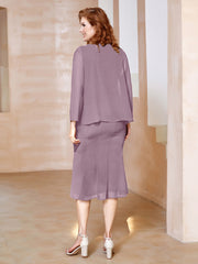 Sheath Scoop Neckline Tea-Length Chiffon Dress Vintage Mauve Plus Size