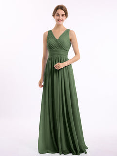 Long Chiffon Dress with V Neck & Pleated Upper Bodice Olive Green