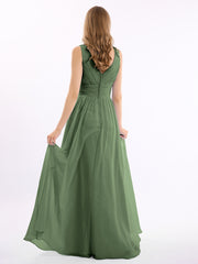 Long Chiffon Dress with V Neck & Pleated Upper Bodice Olive Green