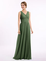 Long Chiffon Dress with V Neck & Pleated Upper Bodice Olive Green