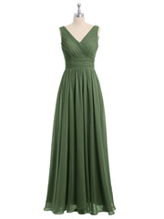 Long Chiffon Dress with V Neck & Pleated Upper Bodice Olive Green