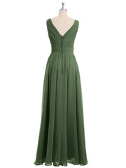 Long Chiffon Dress with V Neck & Pleated Upper Bodice Olive Green