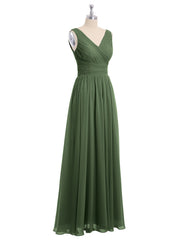 Long Chiffon Dress with V Neck & Pleated Upper Bodice Olive Green