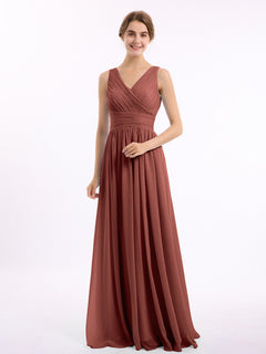 Long Chiffon Dress with V Neck & Pleated Upper Bodice Terracotta