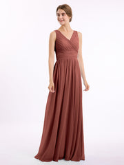Long Chiffon Dress with V Neck & Pleated Upper Bodice Terracotta