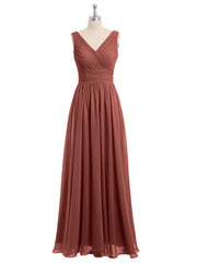 Long Chiffon Dress with V Neck & Pleated Upper Bodice Terracotta