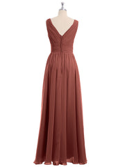 Long Chiffon Dress with V Neck & Pleated Upper Bodice Terracotta