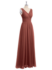 Long Chiffon Dress with V Neck & Pleated Upper Bodice Terracotta