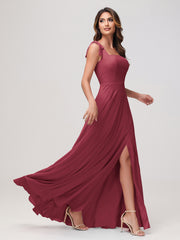 Square Neckline Sleeveless Floor-length Chiffon Dress Cinnamon Rose
