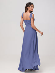Square Neckline Sleeveless Floor-length Chiffon Dress Periwinkle
