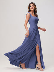 Square Neckline Sleeveless Floor-length Chiffon Dress Periwinkle