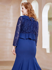 Sheath Scoop Neckline Tea-Length Chiffon Dress with Lace Navy Blue